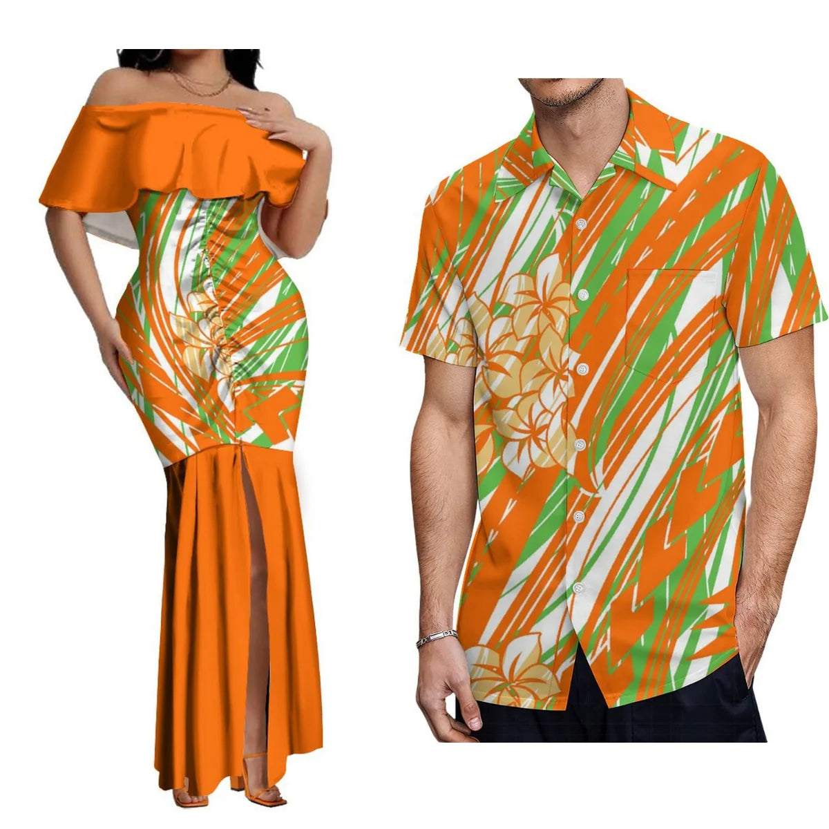 Custom Samoan Dress Women'S Off-The-Shoulder Dress Hawaiian Party Fishtail Skirt And Men'S Shirt Polynesian Couple Suit