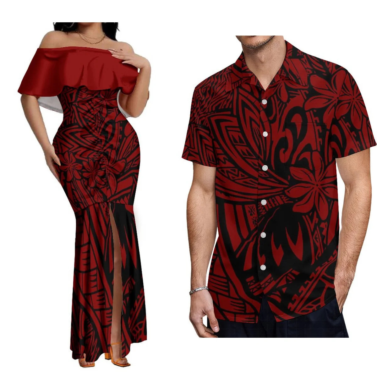 Custom Samoan Dress Women'S Off-The-Shoulder Dress Hawaiian Party Fishtail Skirt And Men'S Shirt Polynesian Couple Suit
