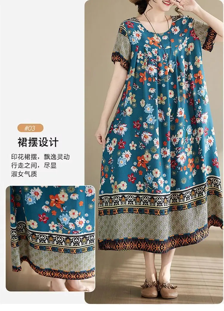 Women's Ethnic Print Cotton Dress Short Sleeve Loose Plus Size Summer Maxi Dress