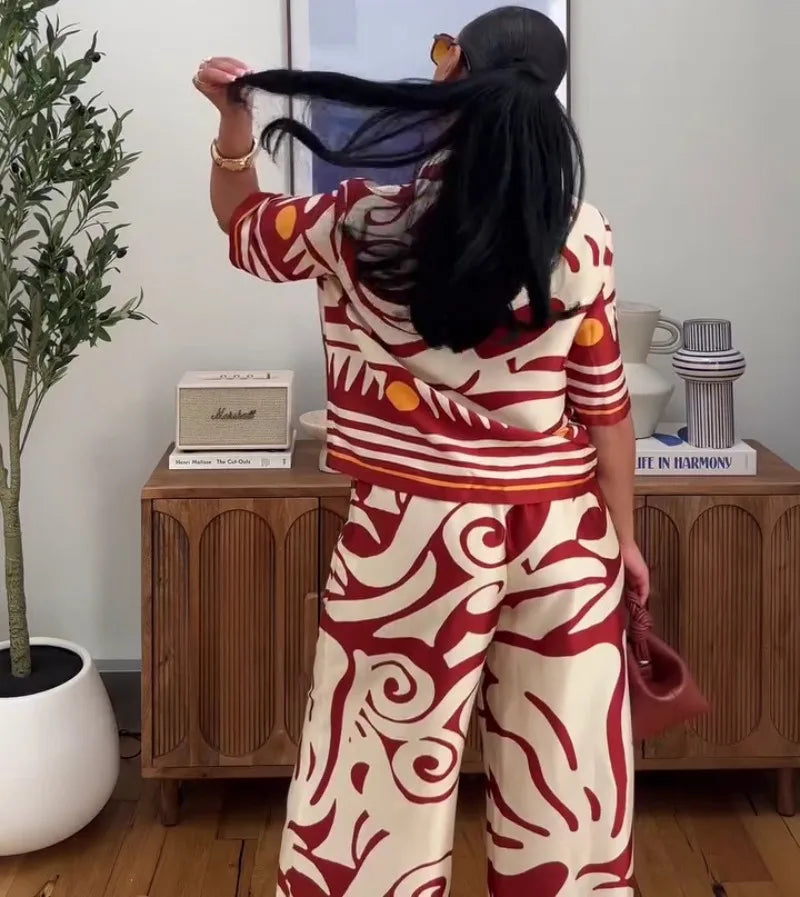 Women's African Print 2 Piece Set Tribal Pattern Short Sleeve Button Shirt + High Waist Wide Leg Pants Elegant Summer Outfits
