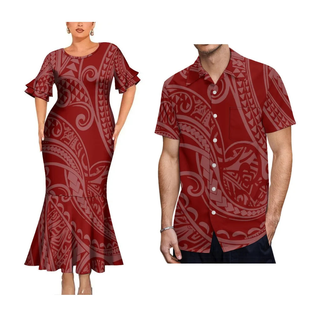 2025 High Quality Hawaiian Women'S Petal-Sleeve Dress Samoan Ethnic Evening Dress Polynesian Island Men'S Aloha Shirt