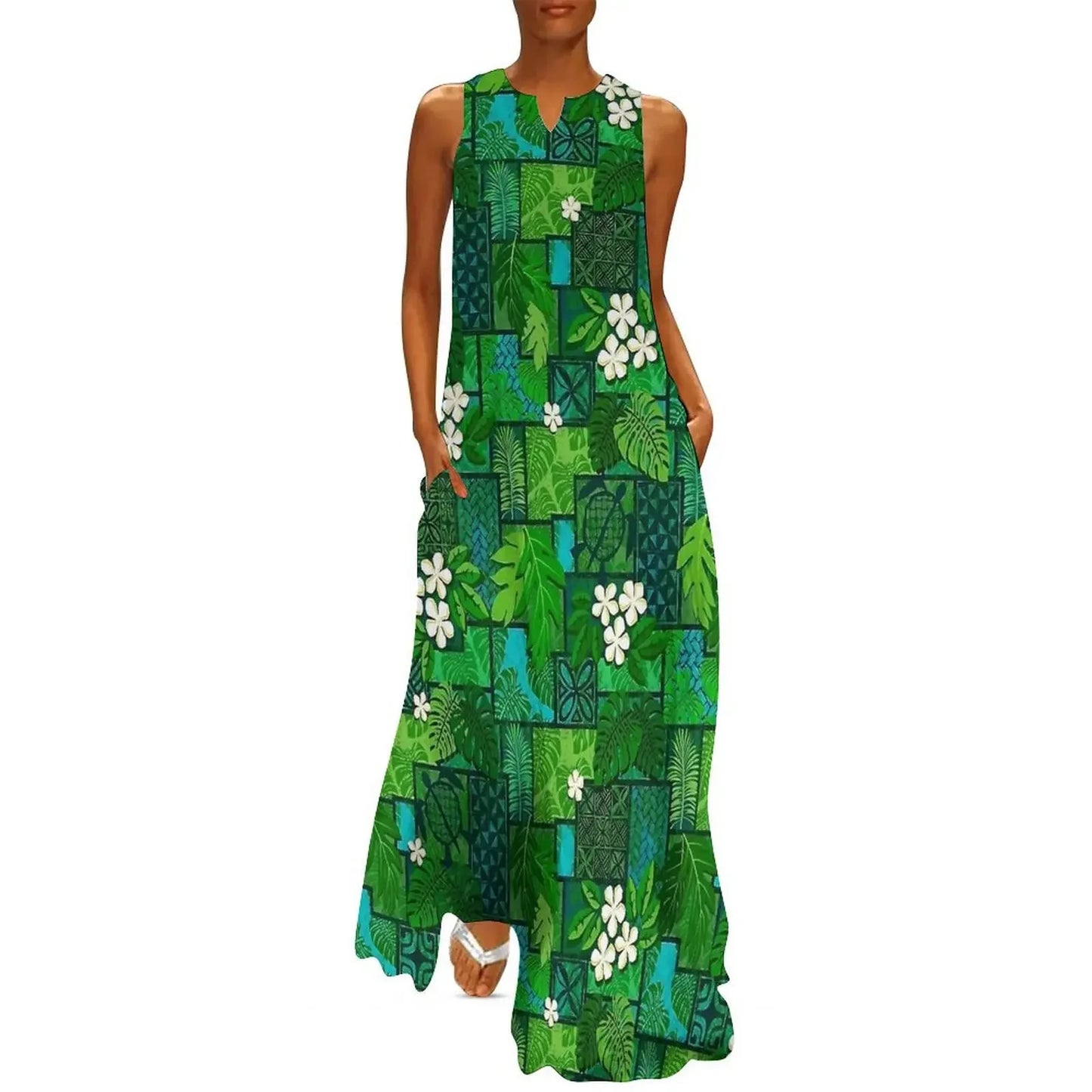 Sleeveless Hawaiian Dress For Women Spring Tropical Tiki Flowers Plants Boho Beach Long Dresses Female Casual Modern Maxi Dress