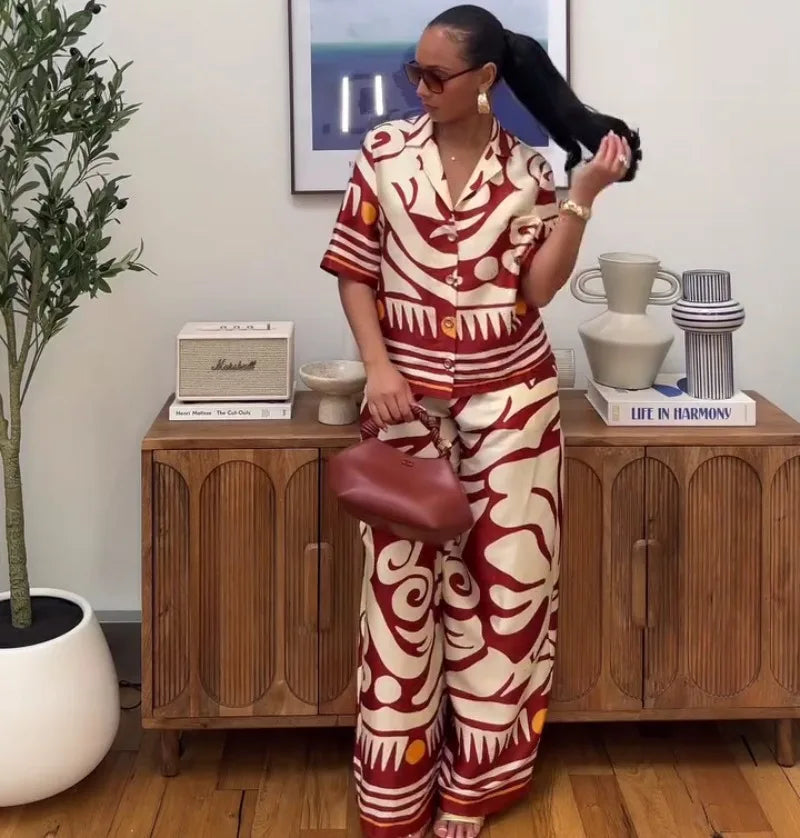 Women's African Print 2 Piece Set Tribal Pattern Short Sleeve Button Shirt + High Waist Wide Leg Pants Elegant Summer Outfits