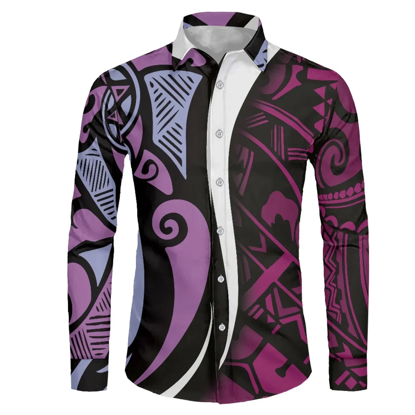 Polynesian Tribal Fijian Totem Tattoo Fiji Prints Men Party Shirt Long-Sleeved Button (USA SIZE XS S M L XL 2XL 3XL 4XL 5XL 6XL)