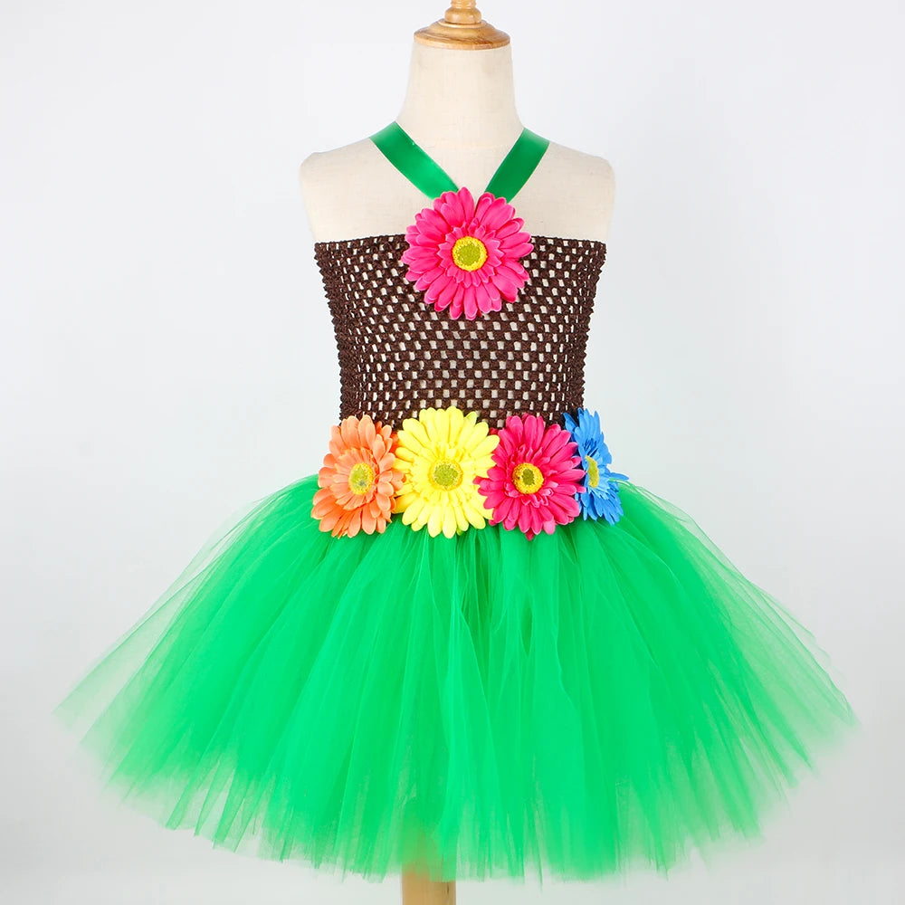 Hawaiian Costume Outfit for Girls Luau Beach Party Flowers Tulle Tutu Dress Kids Halloween Carnival Hawaii Princess Dress Up