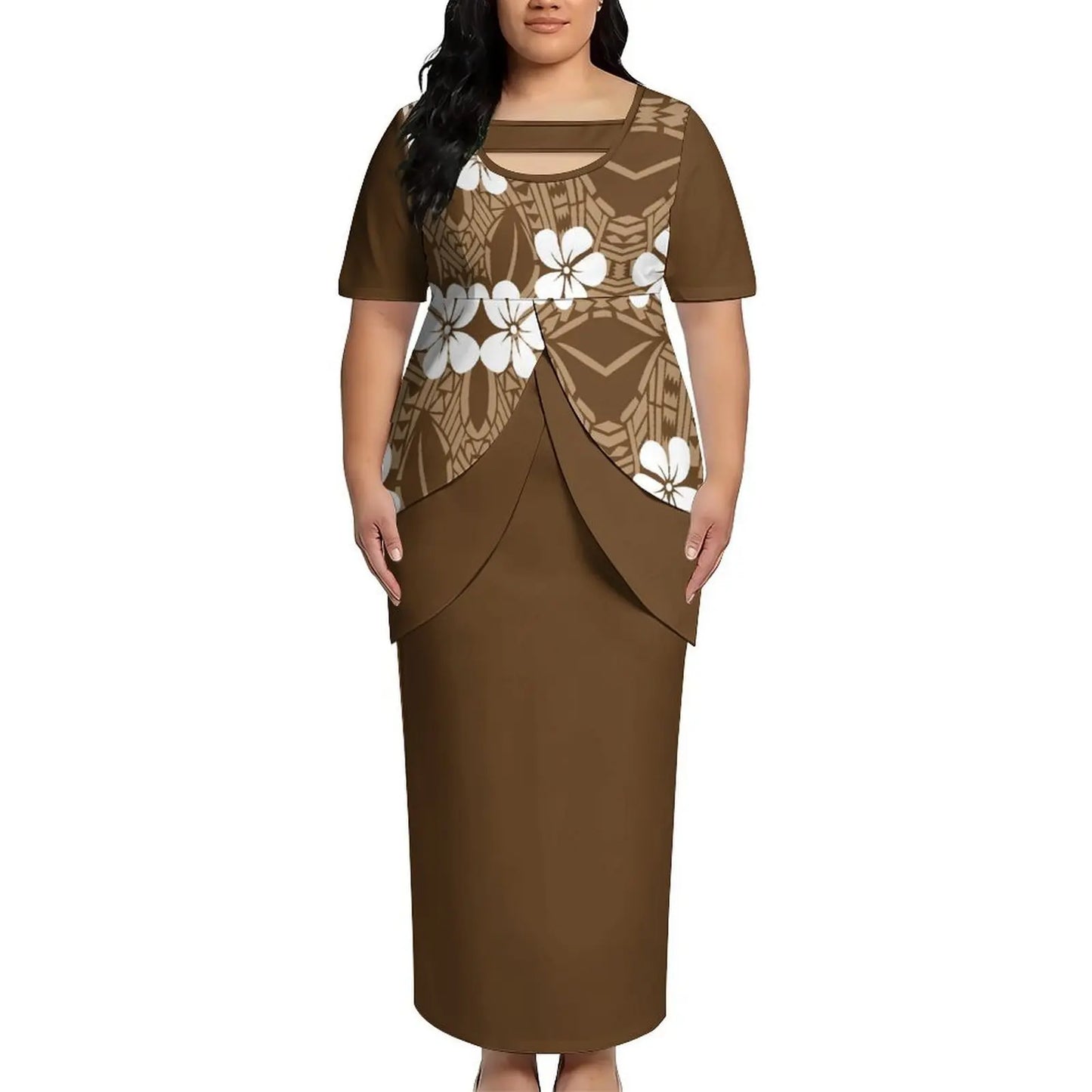 2026 New Arrival Polynesian Tribal Print Maxi Dress for Women Custom Tonga Puletasi Dress Samoan Round Neck Long Dress Two Piece