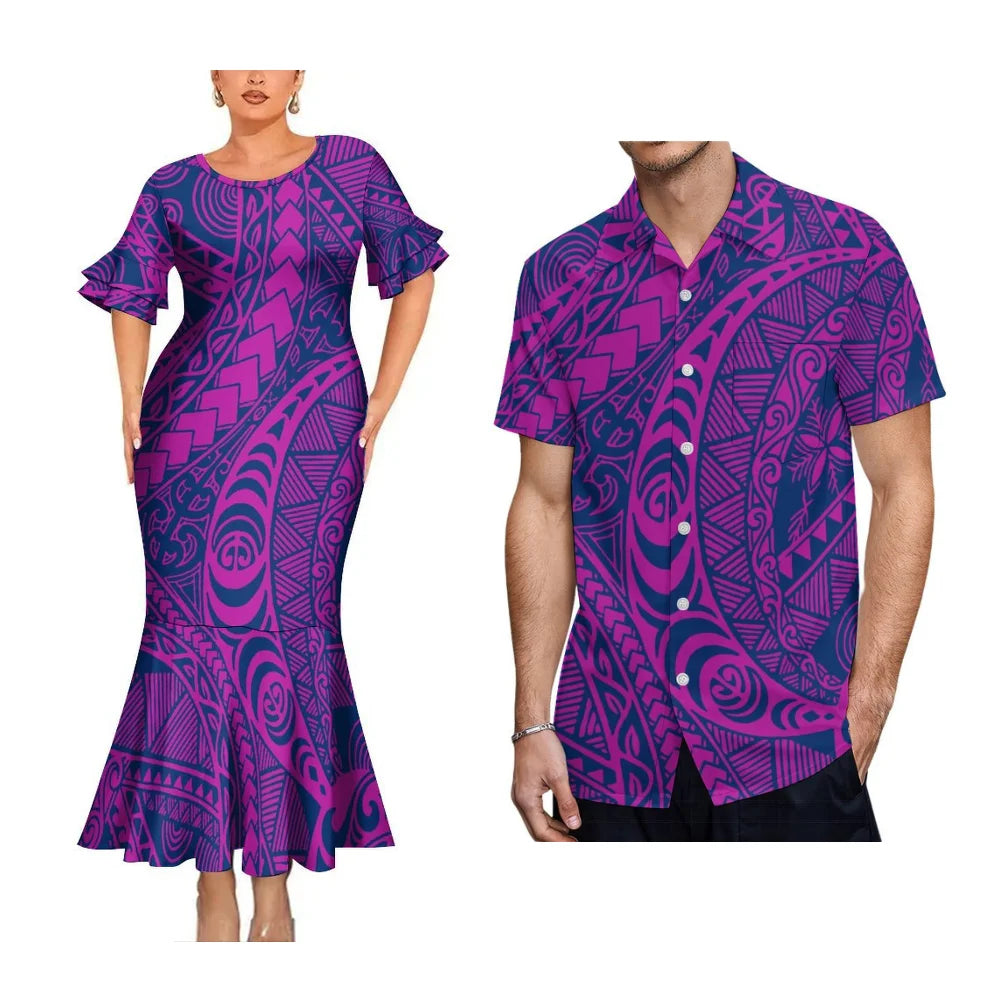2025 High Quality Hawaiian Women'S Petal-Sleeve Dress Samoan Ethnic Evening Dress Polynesian Island Men'S Aloha Shirt