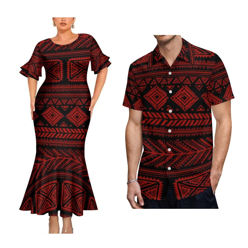 2025 High Quality Hawaiian Women'S Petal-Sleeve Dress Samoan Ethnic Evening Dress Polynesian Island Men'S Aloha Shirt