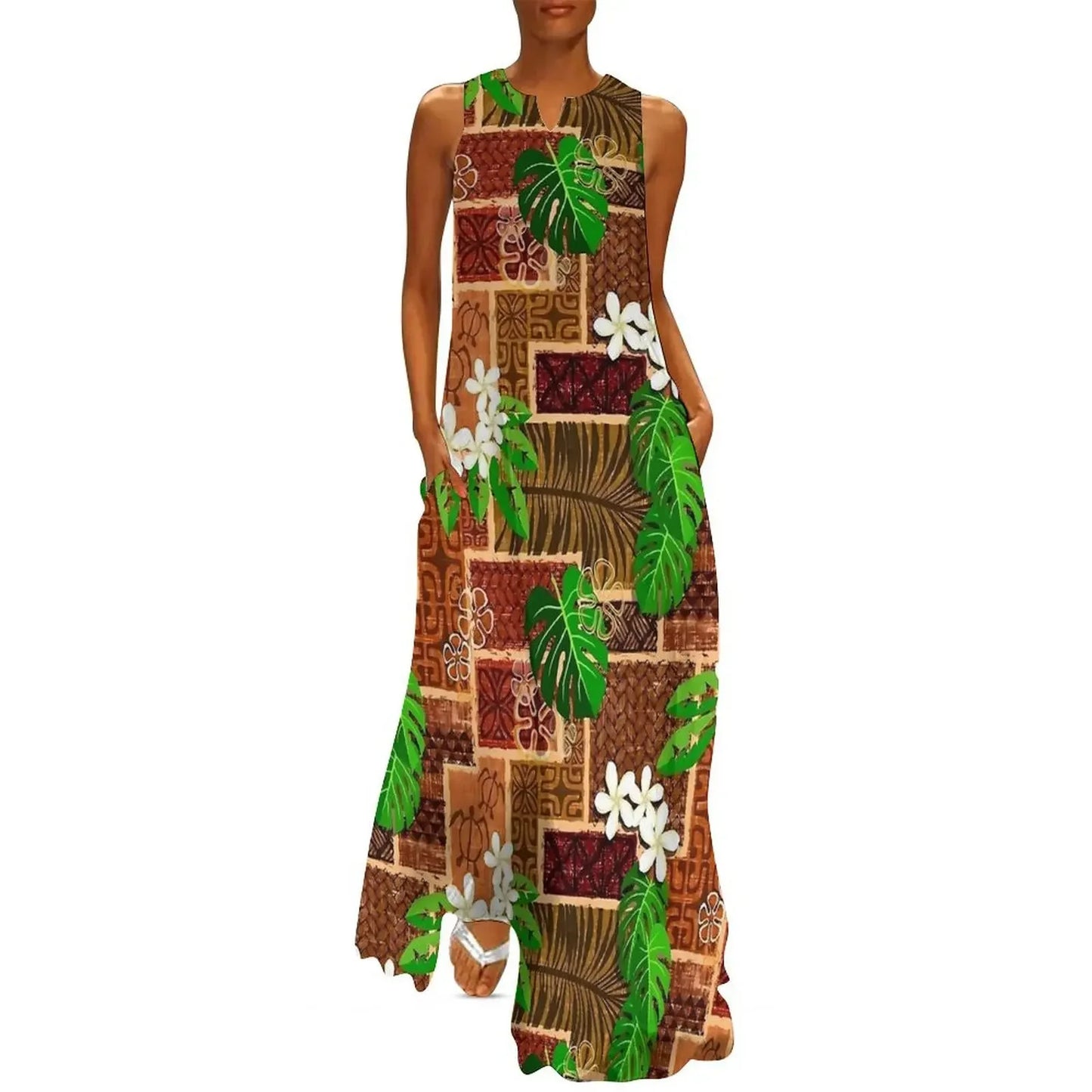 Sleeveless Hawaiian Dress For Women Spring Tropical Tiki Flowers Plants Boho Beach Long Dresses Female Casual Modern Maxi Dress