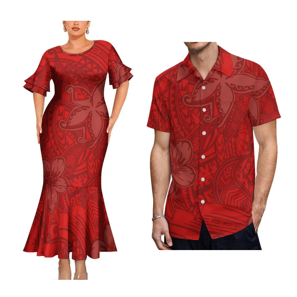 2025 High Quality Hawaiian Women'S Petal-Sleeve Dress Samoan Ethnic Evening Dress Polynesian Island Men'S Aloha Shirt