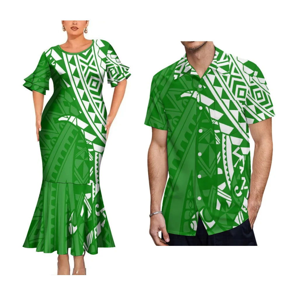 2025 High Quality Hawaiian Women'S Petal-Sleeve Dress Samoan Ethnic Evening Dress Polynesian Island Men'S Aloha Shirt