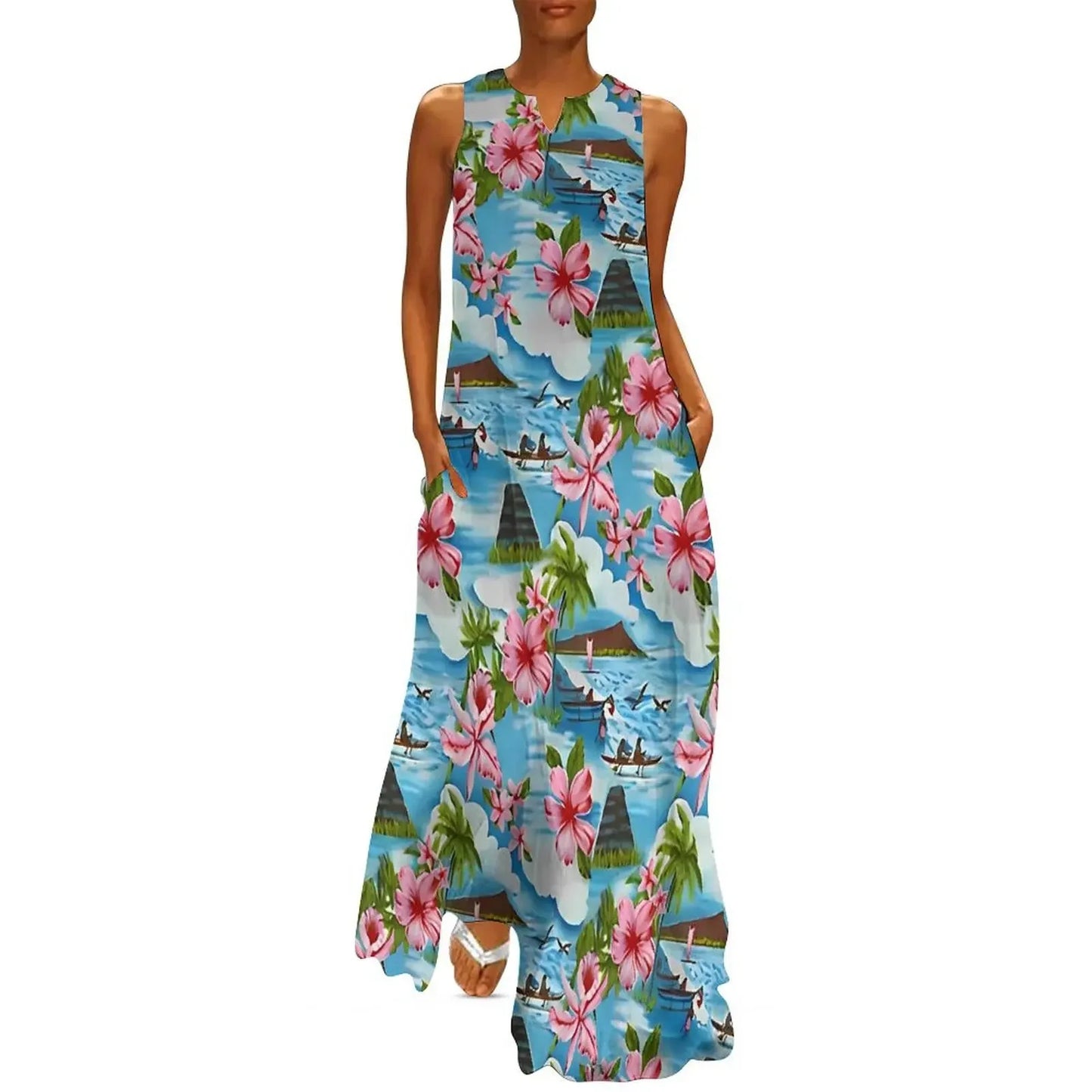 Sleeveless Hawaiian Dress For Women Spring Tropical Tiki Flowers Plants Boho Beach Long Dresses Female Casual Modern Maxi Dress