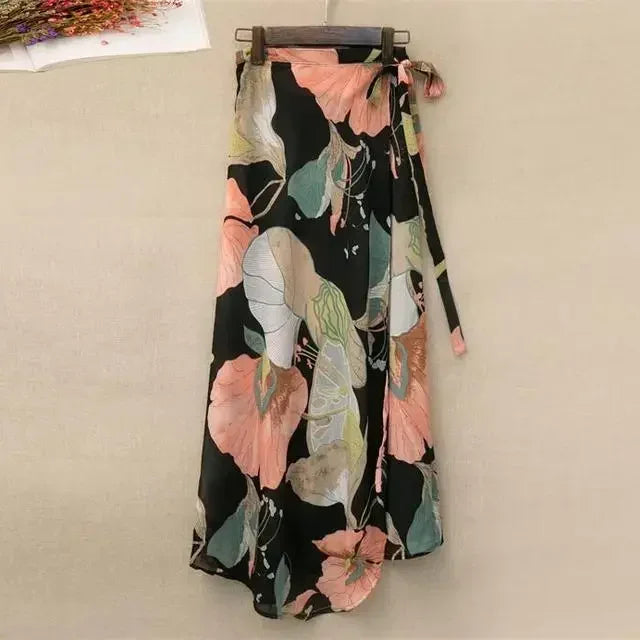 2025 New Women's One-Piece Floral Print Skirt High Waist Wrap Chiffon Beach Dress with Tie Waist Summer Vacation Boho Style