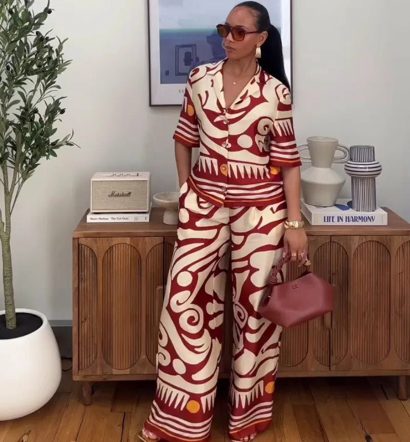 Women's African Print 2 Piece Set Tribal Pattern Short Sleeve Button Shirt + High Waist Wide Leg Pants Elegant Summer Outfits