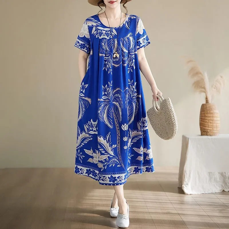 Women's Ethnic Print Cotton Dress Short Sleeve Loose Plus Size Summer Maxi Dress