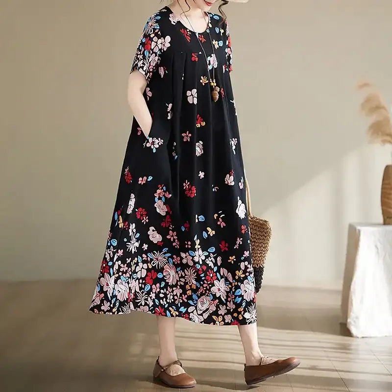 Women's Ethnic Print Cotton Dress Short Sleeve Loose Plus Size Summer Maxi Dress