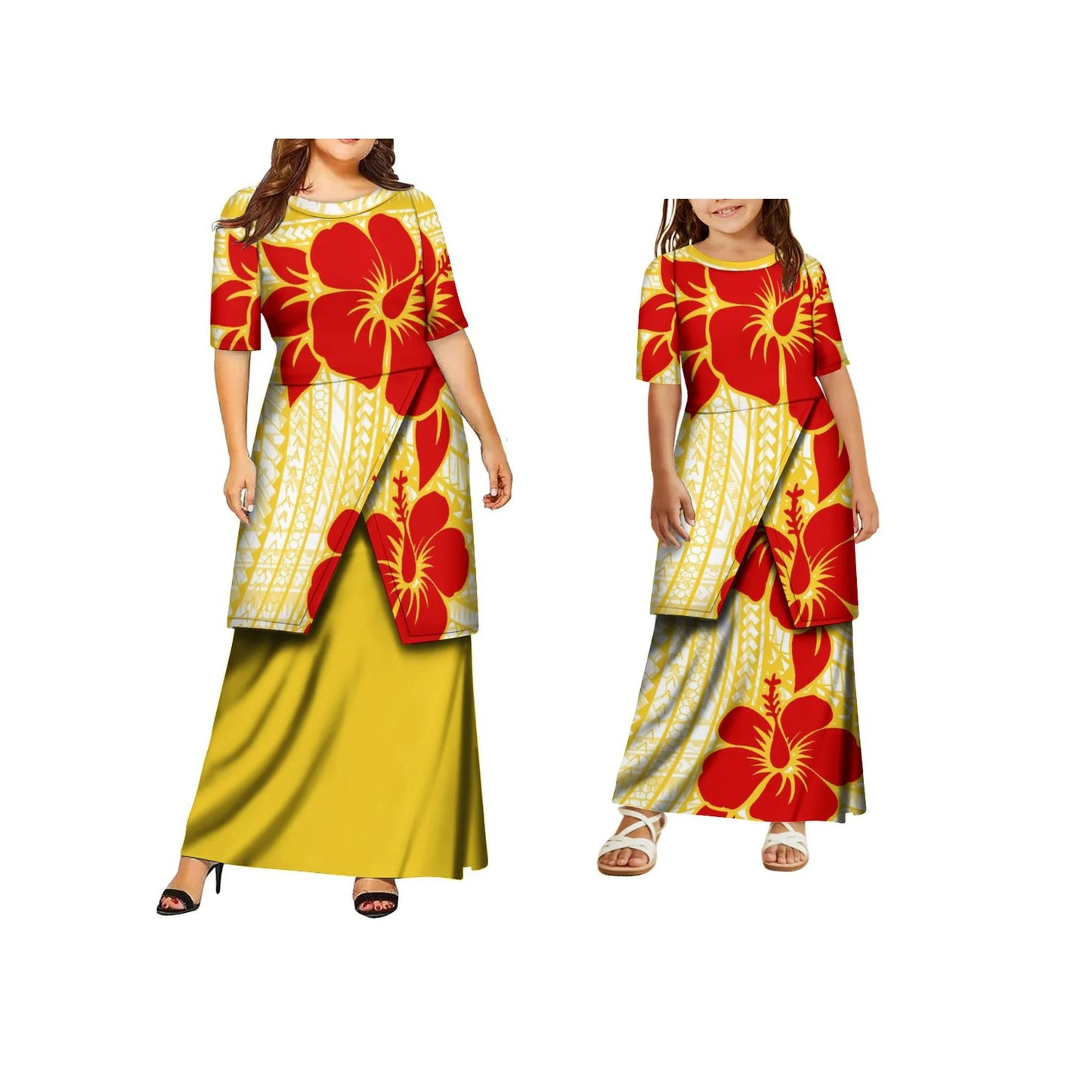 High Quality Customized Polynesian Tribal Print Samoa Puletasi Set Tongan Plus Size Mother and Daughter Dress
