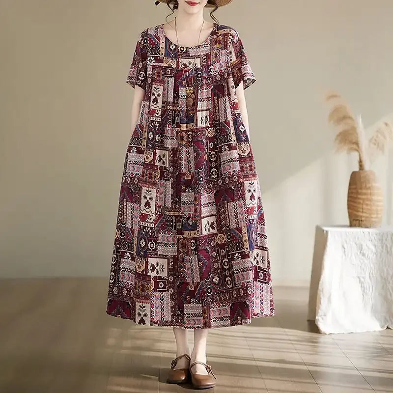 Women's Ethnic Print Cotton Dress Short Sleeve Loose Plus Size Summer Maxi Dress