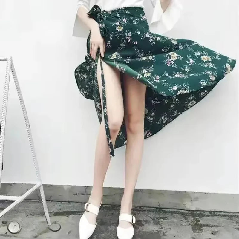 2025 New Women's One-Piece Floral Print Skirt High Waist Wrap Chiffon Beach Dress with Tie Waist Summer Vacation Boho Style