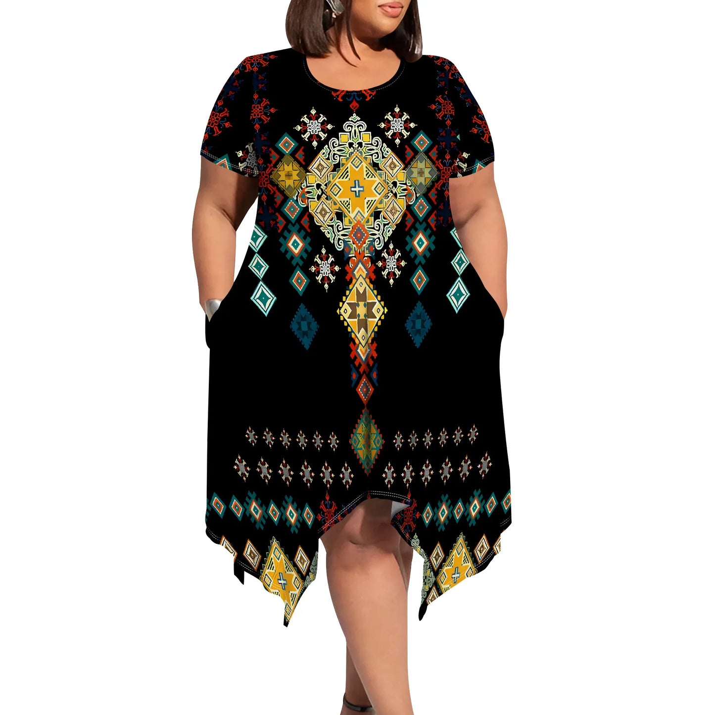 Tribal Pattern T-Shirt Dress - Round Neck Short Sleeve Knee-Length Hippie Chic