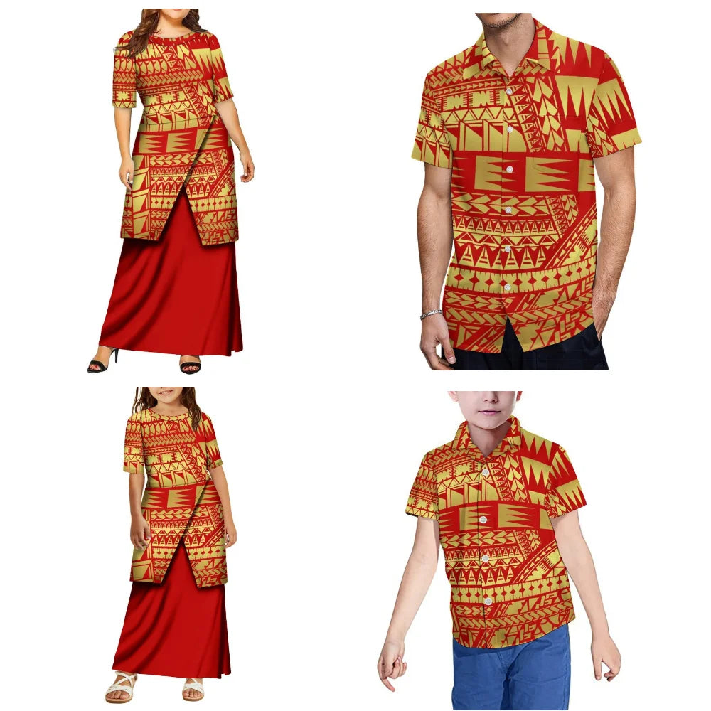 Polynesian Family Set Customization Women And Girls Puletasi Men And Boys Shirts Samoan Tribal Pattern Design Dresses