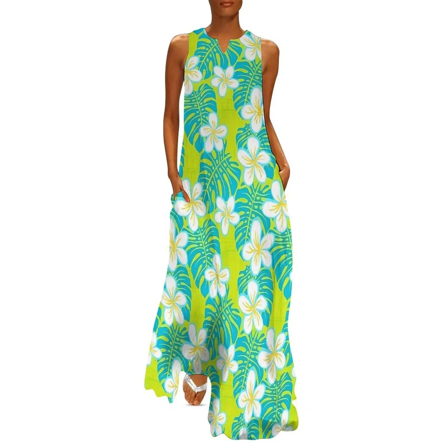Sleeveless Hawaiian Dress For Women Spring Tropical Tiki Flowers Plants Boho Beach Long Dresses Female Casual Modern Maxi Dress