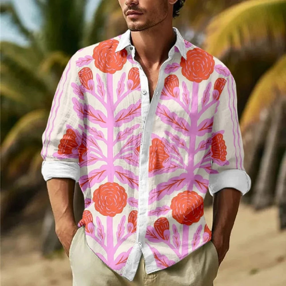 Hawaiian Men's Vocation Lapel Camisa Oversized Long Sleeve Shirts Flower 3d Print Fashion Men Women Beach Long Sleeve Blouse