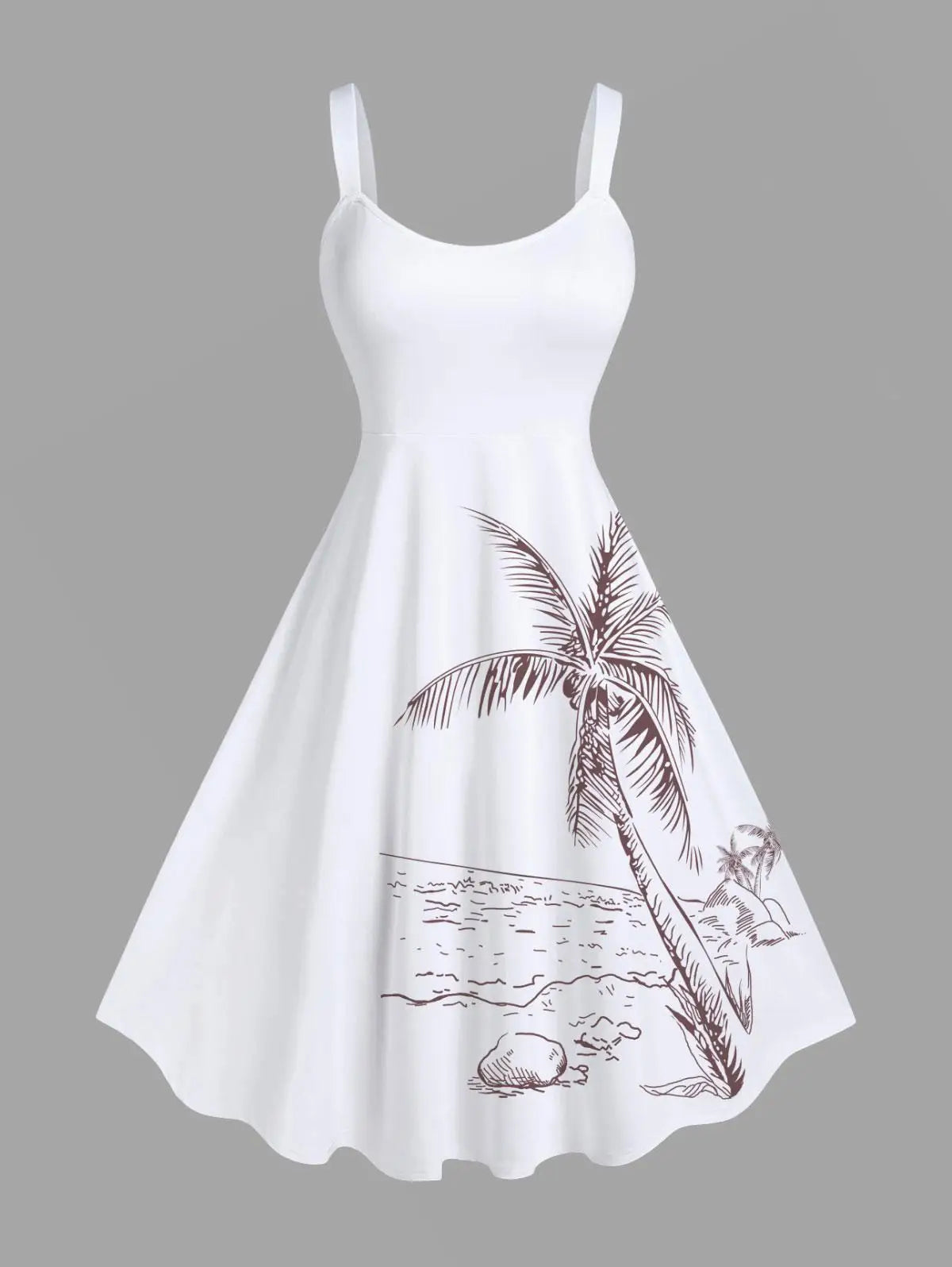Hawaiian Tank Dress Women's Summer Coconut Tree Seascape Print Casual Sleeveless High Stretch Tropical Beach Sundress Vestidos