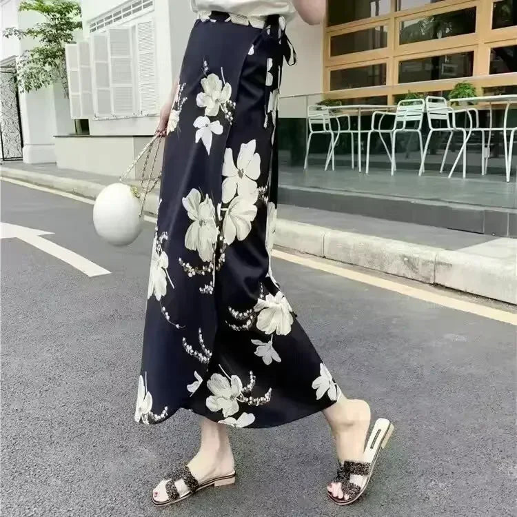 2025 New Women's One-Piece Floral Print Skirt High Waist Wrap Chiffon Beach Dress with Tie Waist Summer Vacation Boho Style