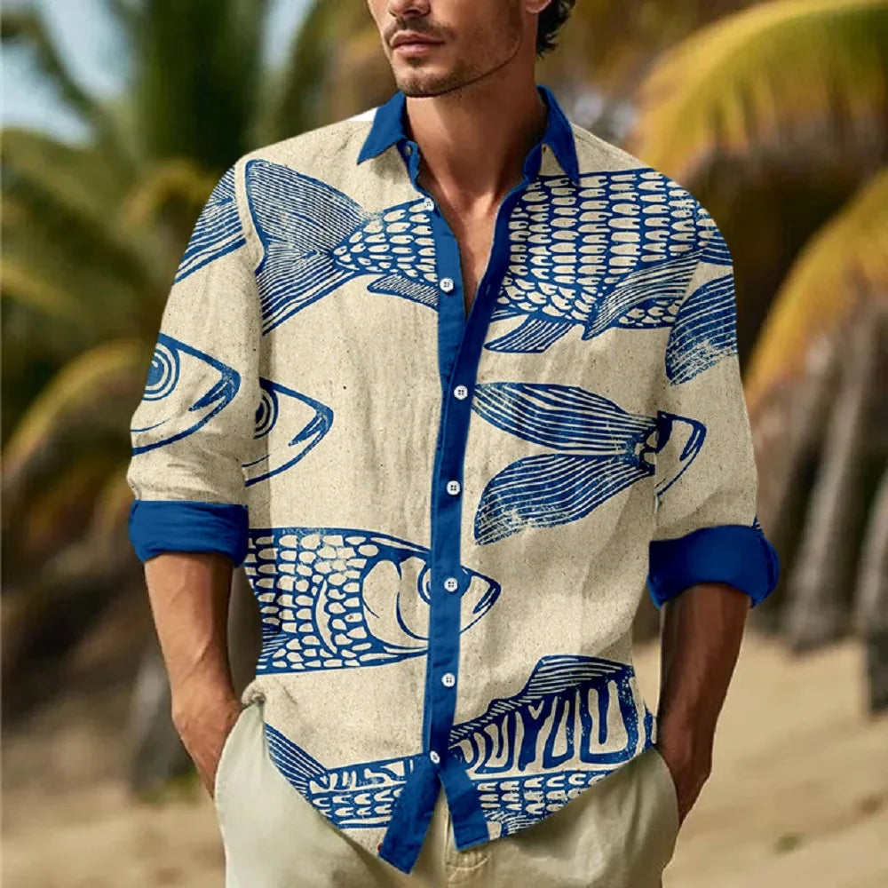 Hawaiian Men's Vocation Lapel Camisa Oversized Long Sleeve Shirts Flower 3d Print Fashion Men Women Beach Long Sleeve Blouse
