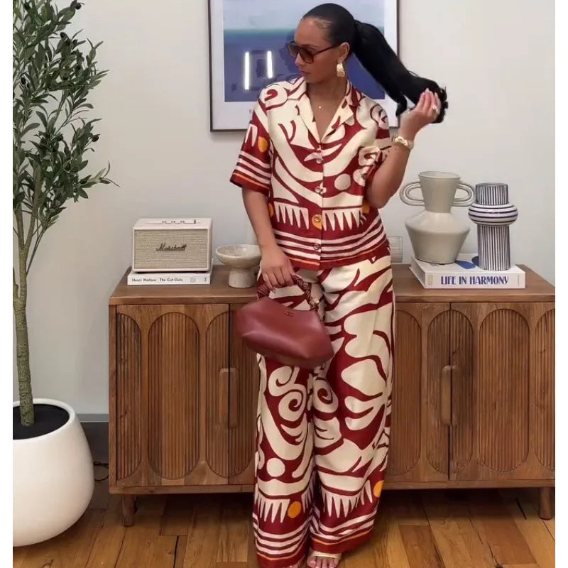 Women's African Print 2 Piece Set Tribal Pattern Short Sleeve Button Shirt + High Waist Wide Leg Pants Elegant Summer Outfits