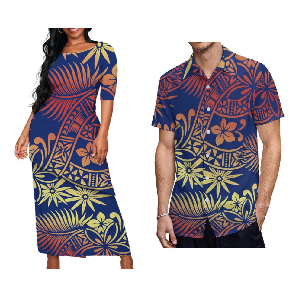 Samoan Tribal Print Summer Women's Double Suit Long Cress Puletasi Men's Hawaiian Shirt Custom Polynesian Couple Dress