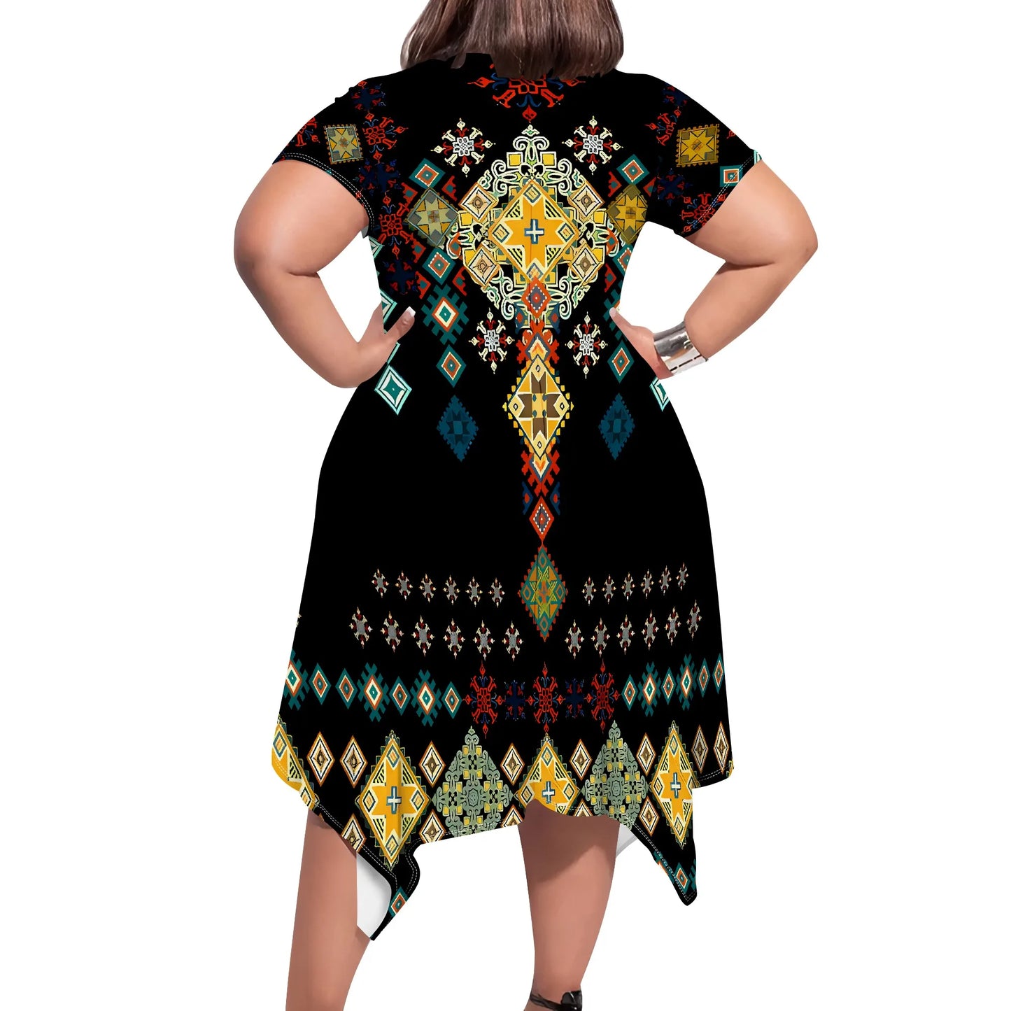 Tribal Pattern T-Shirt Dress - Round Neck Short Sleeve Knee-Length Hippie Chic