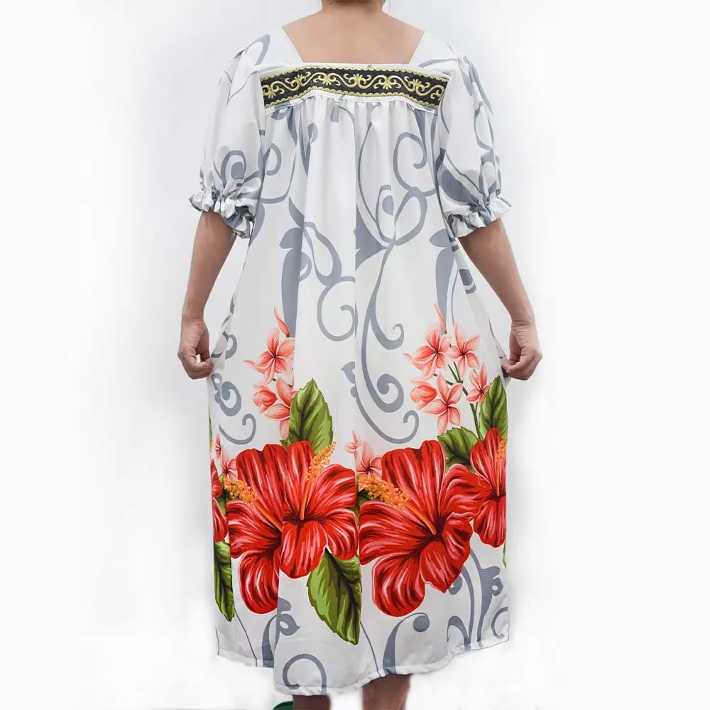 Custom Print Polynesian Mumu Puff Sleeve Dresses Hawaiian Flower Print Micronesian Loose Muumuu Dress With Lace for Women