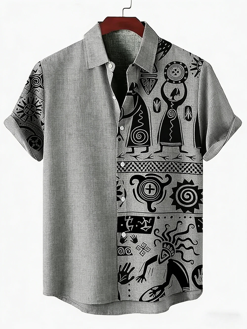 Men's New Ethnic Style Tribal Pattern 3D Printed Shirt Hawaiian Tropical Short-sleeved Linen Breathable Outdoor Clothes for Men