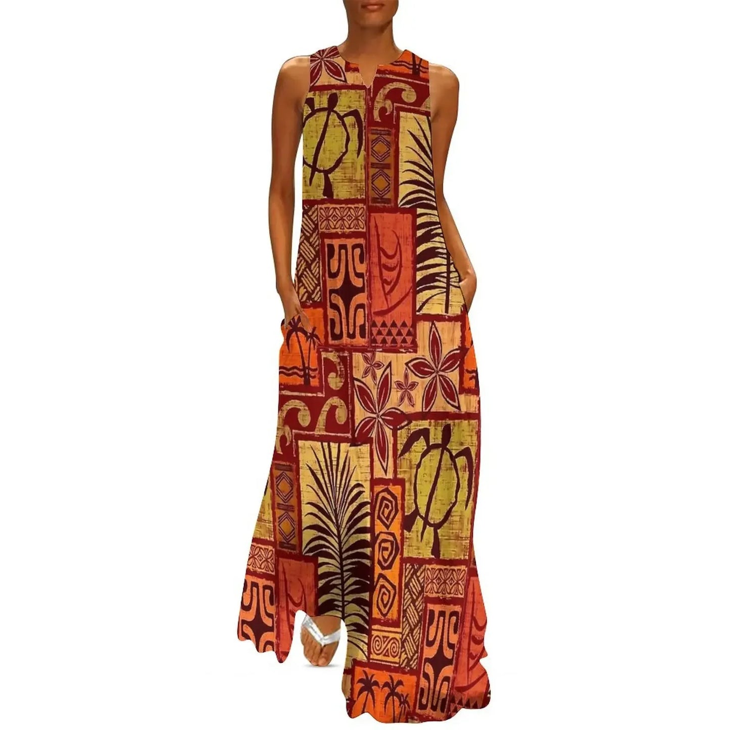 Sleeveless Hawaiian Dress For Women Spring Tropical Tiki Flowers Plants Boho Beach Long Dresses Female Casual Modern Maxi Dress
