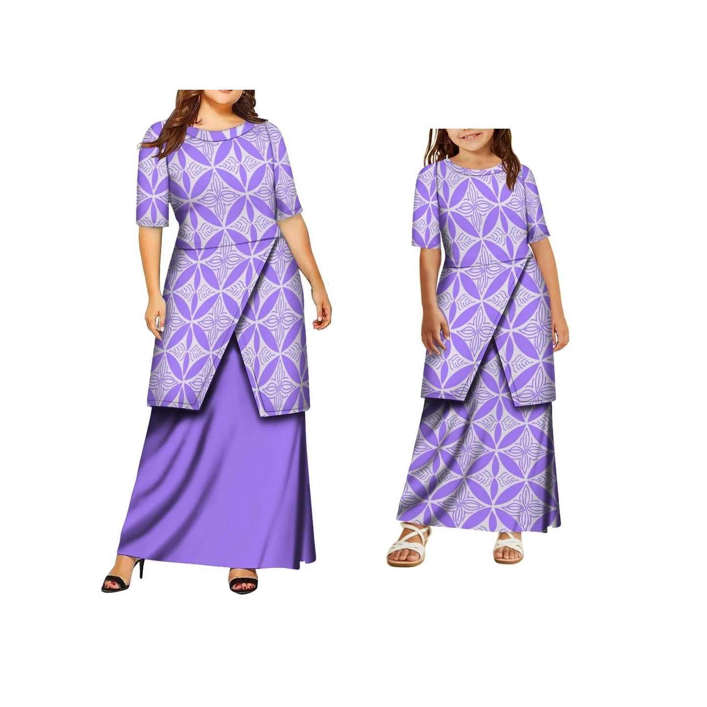 High Quality Customized Polynesian Tribal Print Samoa Puletasi Set Tongan Plus Size Mother and Daughter Dress