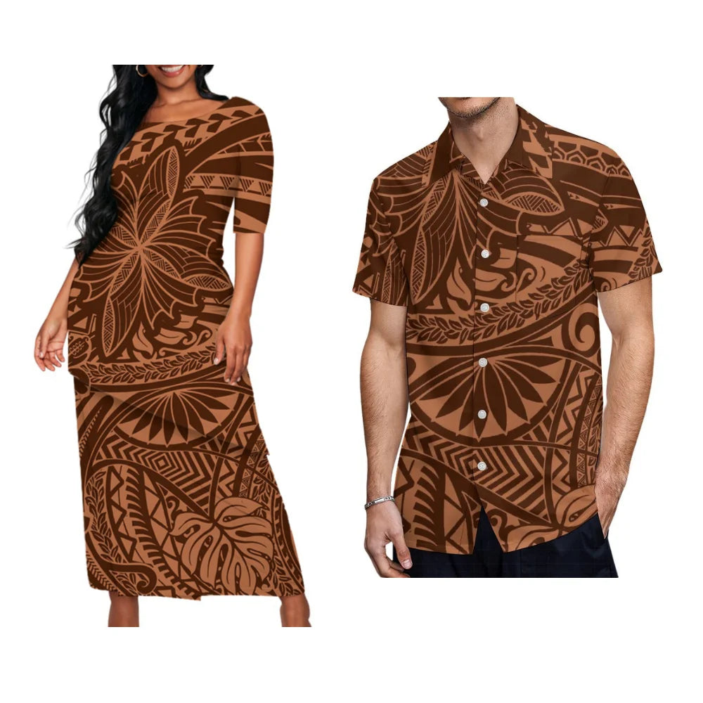 Samoan Tribal Print Summer Women's Double Suit Long Cress Puletasi Men's Hawaiian Shirt Custom Polynesian Couple Dress