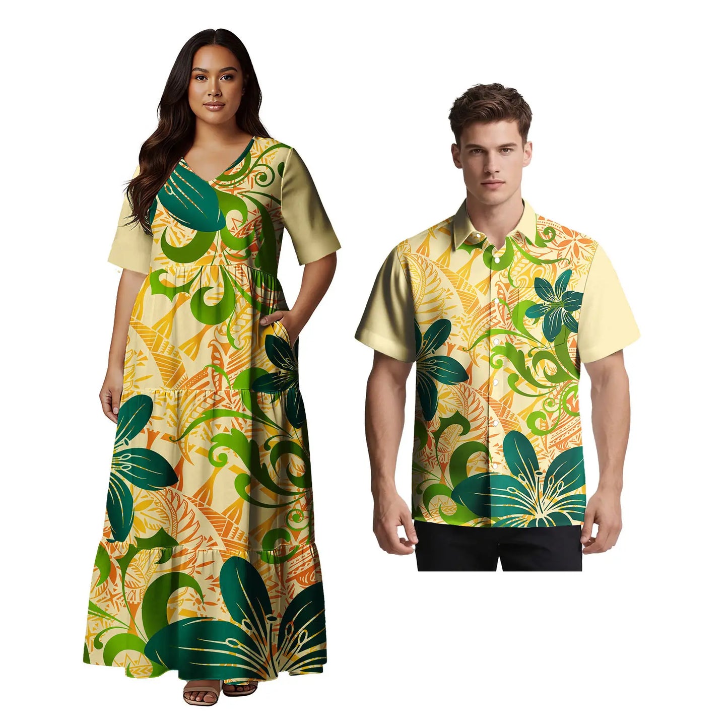 Samoan Ethnic Style Custom Clothes Polynesian Short Sleeve Women Dress Man Aloha T-Shirt Hawaiian Tribal Design Couple 2pc Set