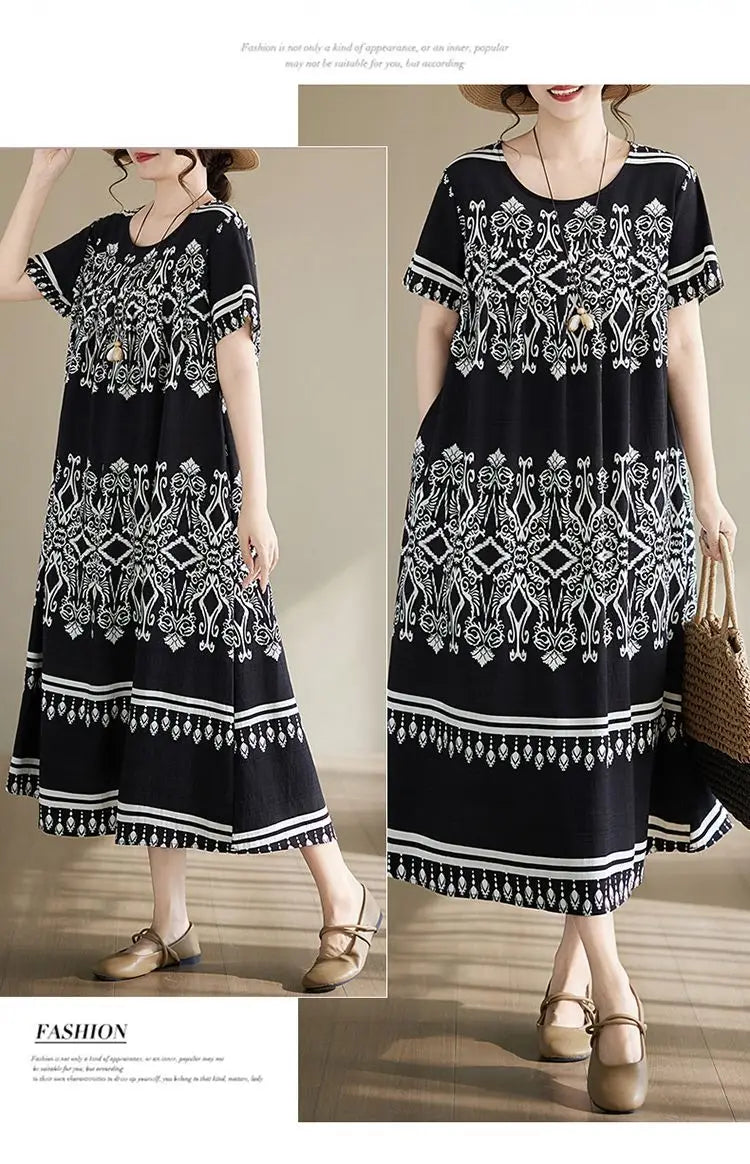 Women's Ethnic Print Cotton Dress Short Sleeve Loose Plus Size Summer Maxi Dress