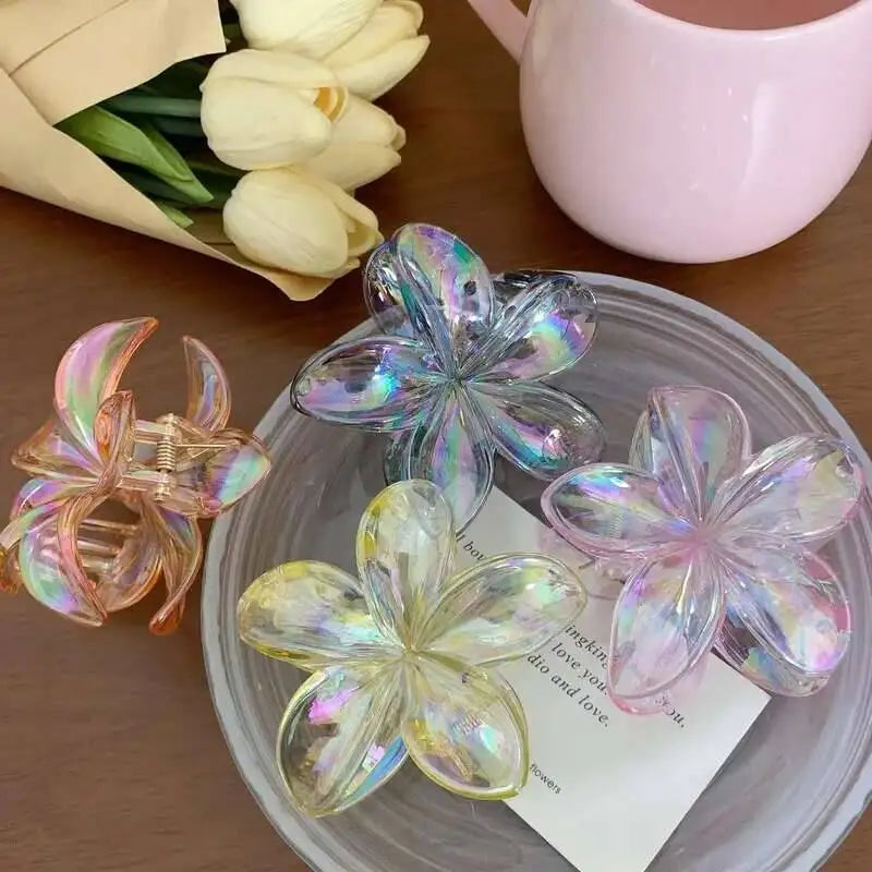 Hawaiian Transparent Flower Hair Claw Women Crab Hair Clip Floral Hair Claws Ponytail Holder Hair Clip Hairpin Barrette Headwear