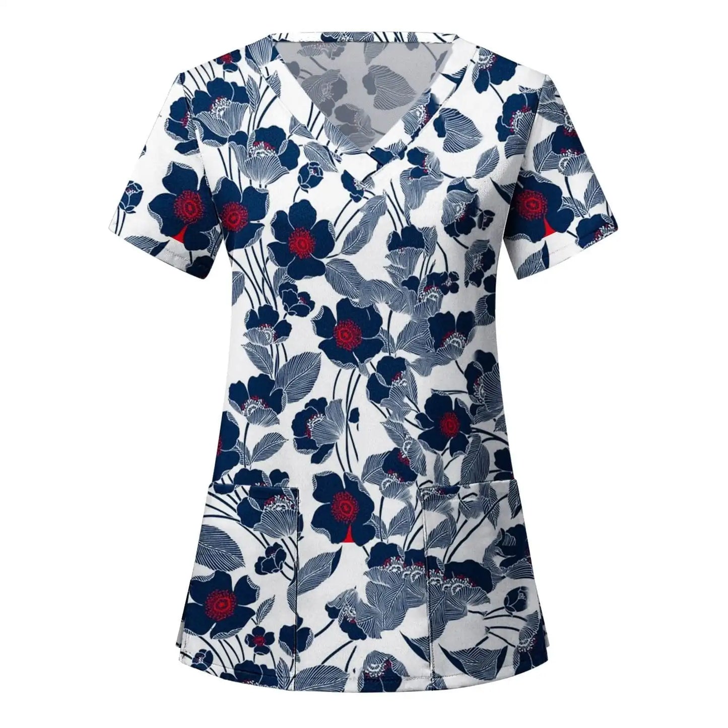 Women's Hawaiian Leaves All Over Print V Neck Nurse Surgical Gown Top with Pockets Comfortable Polyester Short Sleeve Coverall
