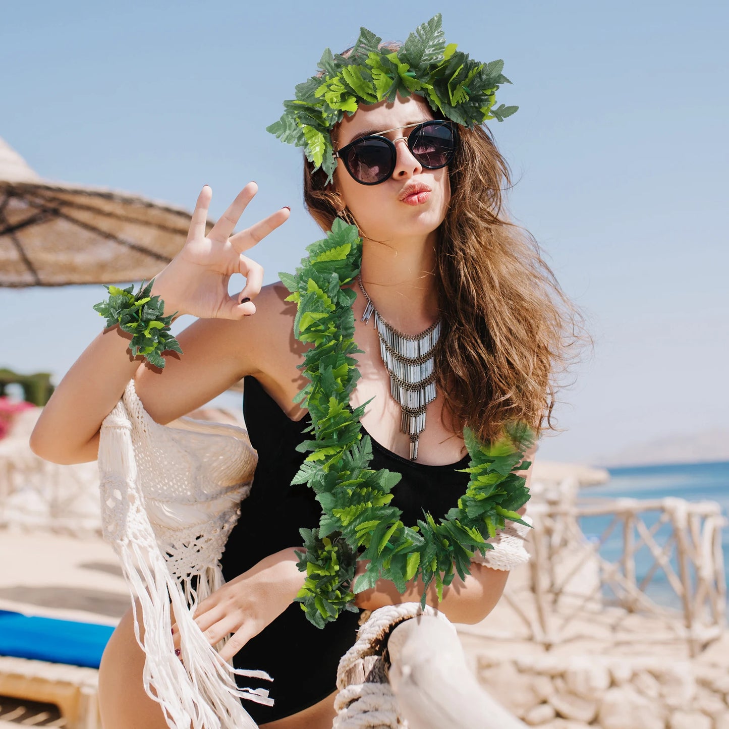Hula Hawaiian Costume Set Hawaiian Party Garland Artificial Leave Headband Necklace Bracelet Tropical Beach Festive Party Supply