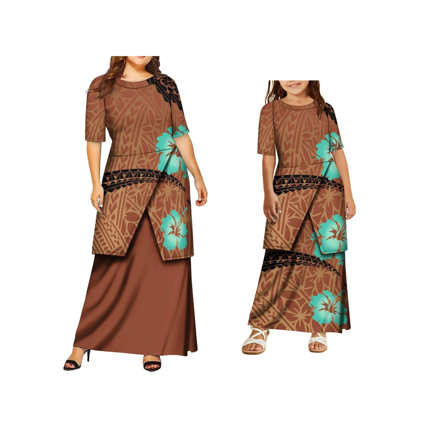 High Quality Customized Polynesian Tribal Print Samoa Puletasi Set Tongan Plus Size Mother and Daughter Dress