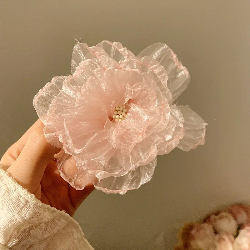 Hawaiian Beach Vacation 3D Sheer Organza Flower Hair Clip Non-slip Hair Accessories for Women Girl Travel Photography Daily Wear