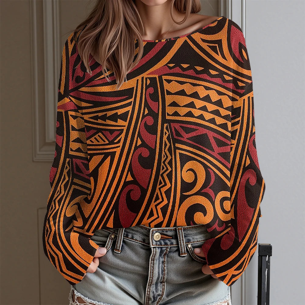Vintage Tribal Totem Print Off-Shoulder Top Women Long Sleeve T-Shirt Boho Chic Blouse Western Cowboy Style Daily Wear Plus Size