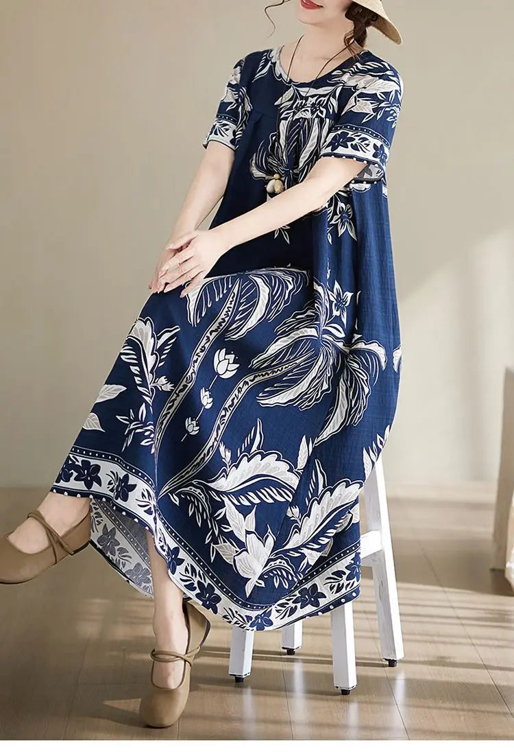 Women's Ethnic Print Cotton Dress Short Sleeve Loose Plus Size Summer Maxi Dress