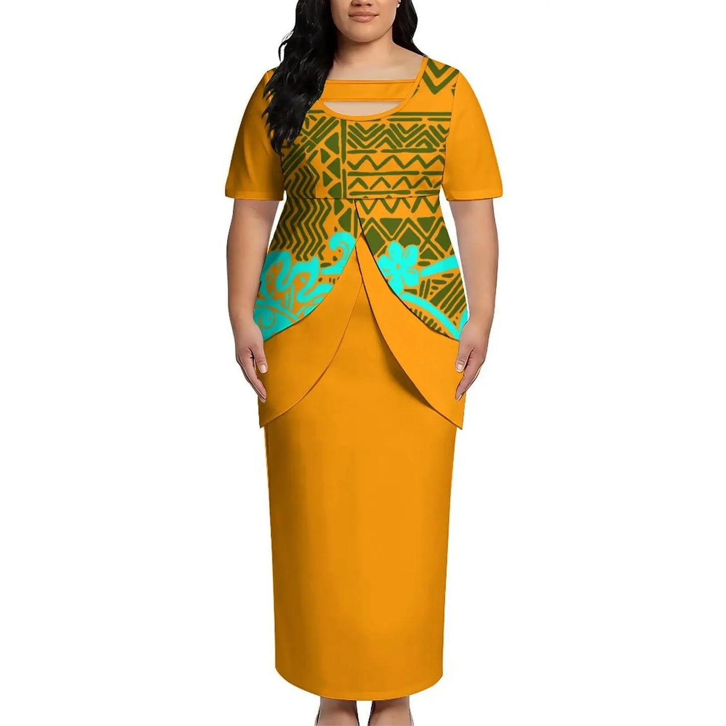 2026 New Arrival Polynesian Tribal Print Maxi Dress for Women Custom Tonga Puletasi Dress Samoan Round Neck Long Dress Two Piece