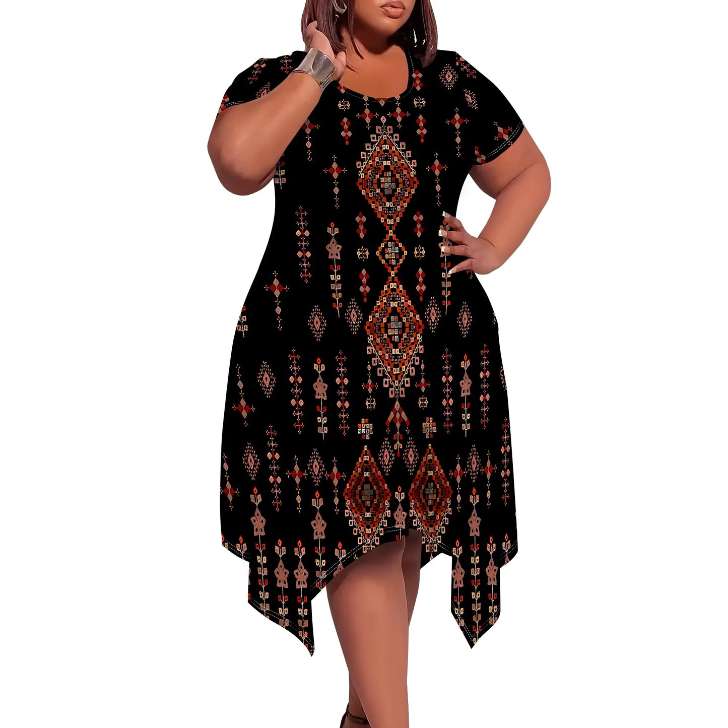 Tribal Pattern T-Shirt Dress - Round Neck Short Sleeve Knee-Length Hippie Chic