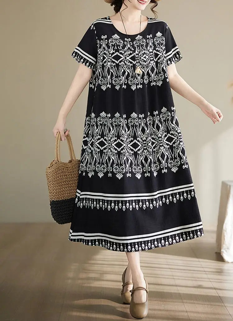 Women's Ethnic Print Cotton Dress Short Sleeve Loose Plus Size Summer Maxi Dress